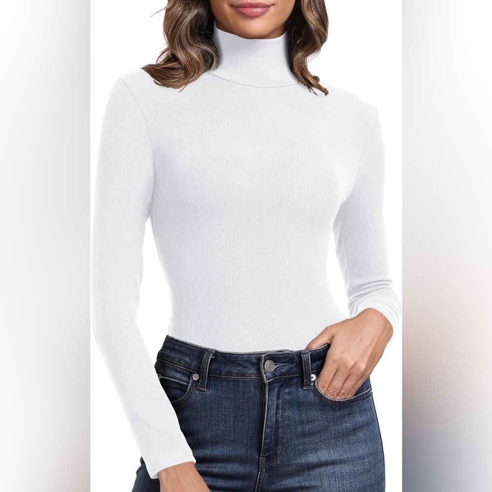 White Long Sleeve Turtleneck Ribbed Top